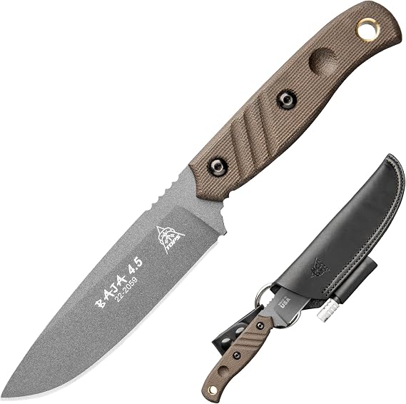 Tops Knives Baja 3.0 Fixed Blade Knife, 1095 Steel, Leather, Green Micarta