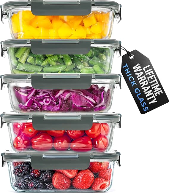 Zulay Kitchen 5 Piece Large 36oz Glass Storage Container Sets with Lids - Premium BPA Free Borosilicate Glass Food Storage Containers - Leak-Proof Meal Prep - Microwave, Freezer & Oven Safe - Gray