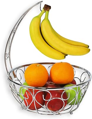 Simple Houseware Fruit Basket Bowl with Banana Tree Hanger, Chrome Finish