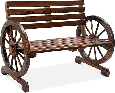Best Choice Products 2-Person Wooden Wagon Wheel Bench for Backyard, Patio, Porch, Garden, Outdoor Lounge Furniture wRustic Country Design, Slatted Seat and Backrest - Brown