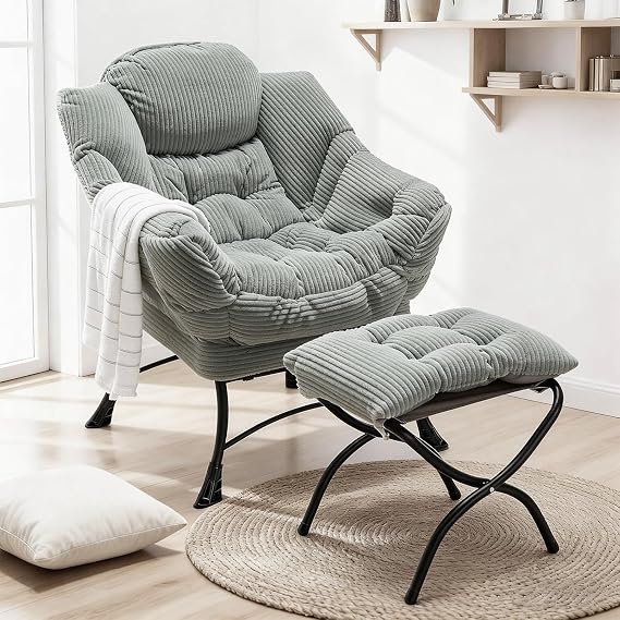 Lazy Chair with Ottoman, Modern Accent Chair with Armrests and Side Pocket, Reading Chairs, Oversized Armchairs for Bedroom, Study, Living Room, Light Green