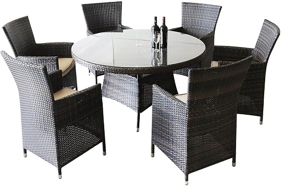Outdoor Patio Furniture Set, PE Rattan Patio Furniture Modern Bistro Set Wicker Chair Conversation Dining Sets with Beige Cushion Glass Top Round Patio Table (Round Table with 6 Seaters)