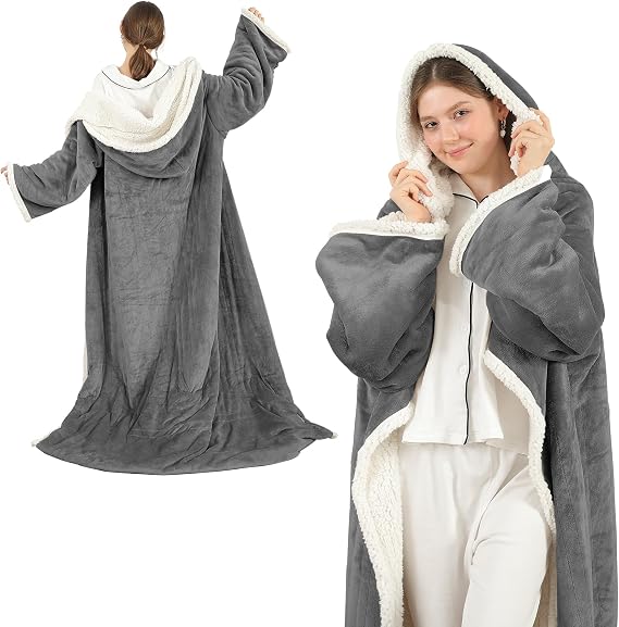 COZYTY Wearable Heated Blanket with Foot Pocket & Hood, Electric Snuggle Blankets with Sleeves, 6 Heating Levels & 1-4H Auto Shut-Off, Machine Washable, Housewarming & Gift, 50 * 70"+16", Dark Gray