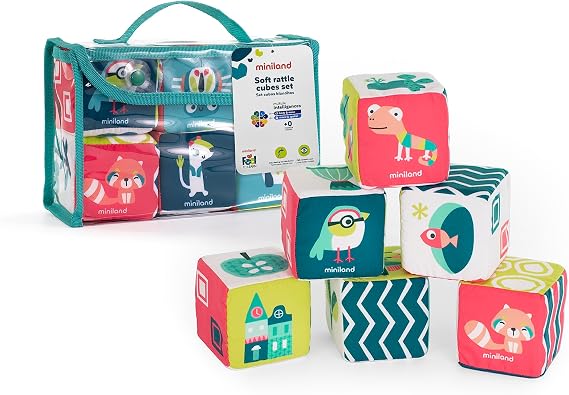 Miniland Feel to Learn Soft Rattle Cubes Set for Infant and Toddlers. Stackable Soft subes with Multicolored Designs.