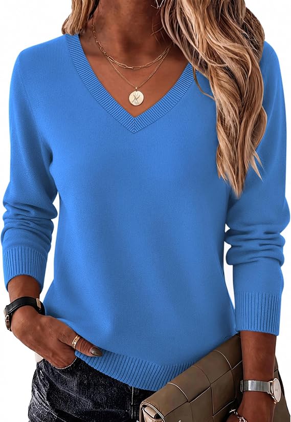 Zeagoo Women's 2026 Fall Long Sleeve Sweaters V Neck Dressy Casual Tops