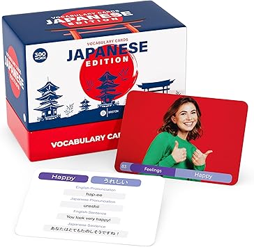 Briston Japanese Flash Cards 300 Vocabulary Words with Audio Access, English & Japanese Pronunciation, 15 Categories, 350 GSM Water-Resistant Study Cards for Kids & Adults Language Learning