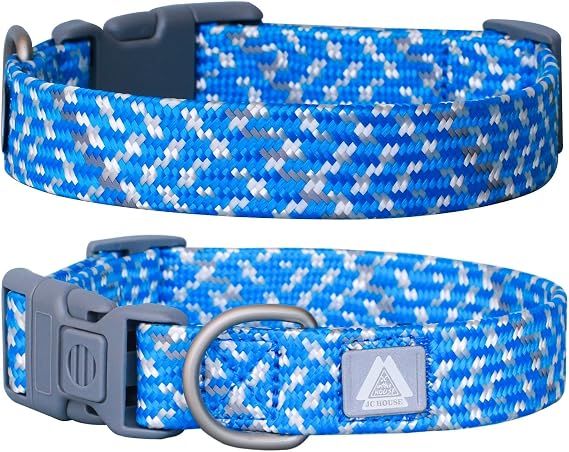 Dog Collar, Blue Reflective Nylon Collar with Safety Lock, Adjustable Neck 16-25, Soft and Durable for Large Dogs