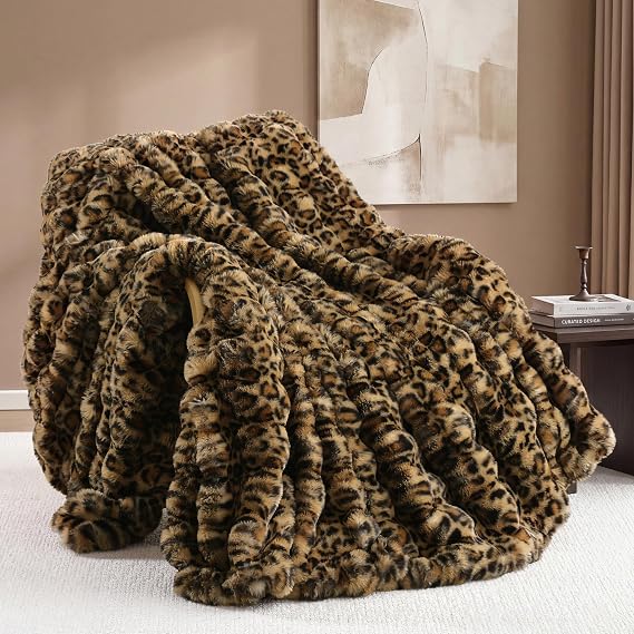 Smoofy Faux Fur Throw for Couch - Leopard Brown Bubble Blanket 50"x60"