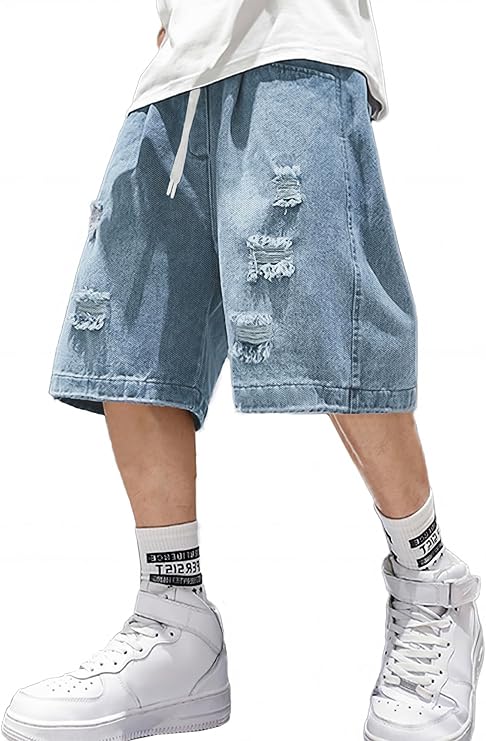 EMMIOL Baggy Jean Shorts Men, Y2K Jorts Cargo Ripped Elastic Waist Shorts
