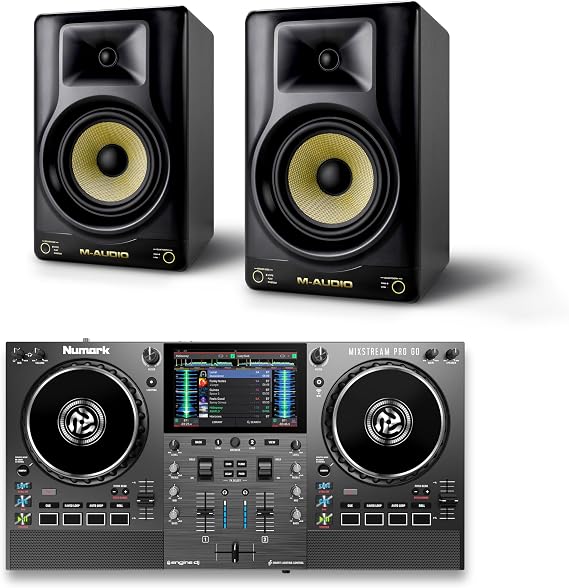 Numark Mixstream Pro Go DJ Controller and M-AUDIO Forty Sixty Pair Studio Monitors for Studio Recording, Music Production, Podcasting, Streaming