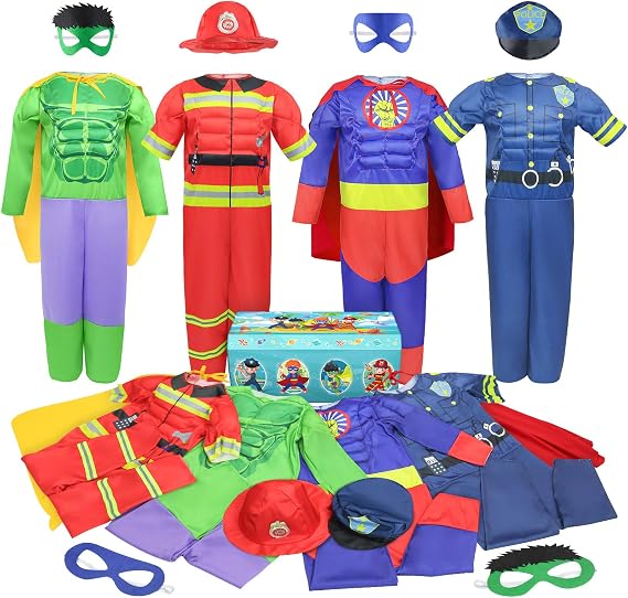 Boys Muscle Chest Dress up Costumes Trunk with Superhero Policeman Costume | Kids Pretend Role Play Costumes Set, Boys Dress Up Costumes for Play, Toddler Boys Dress up Clothes for Kids Ages 3 4 5 6 7