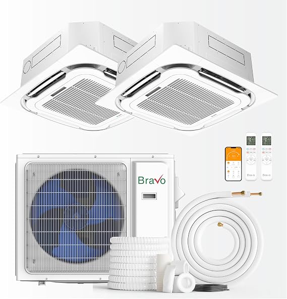 BRAVO 24,000 BTU 2-Zone Ceiling Cassette Mini Split AC Heat Pump, 23 SEER2
