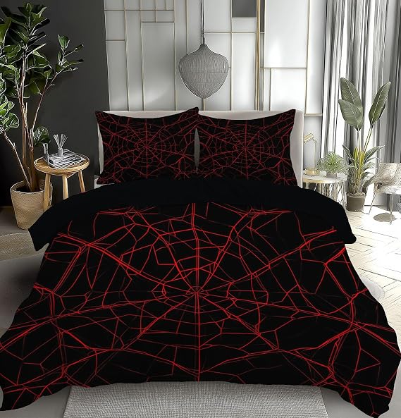 Punk Bedding Set, Red Spiderweb Double Duvet Cover with Pillowcase, Microfibre Reversible Quilt Covers, 3 Piece Soft Bed Set, Machine Washable, Zipper Closure, Black red