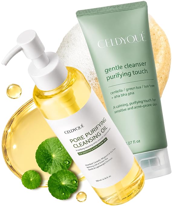 Korean Double Cleanse Duo Set Pore Purifying Cleansing Oil & Gentle Face Wash, Mild Acid Complex, Sensitive Skin, w/ Centella Tea Tree & Green Tea, LHA AHA BHA PHA for Gentle Exfoliation Acne Care