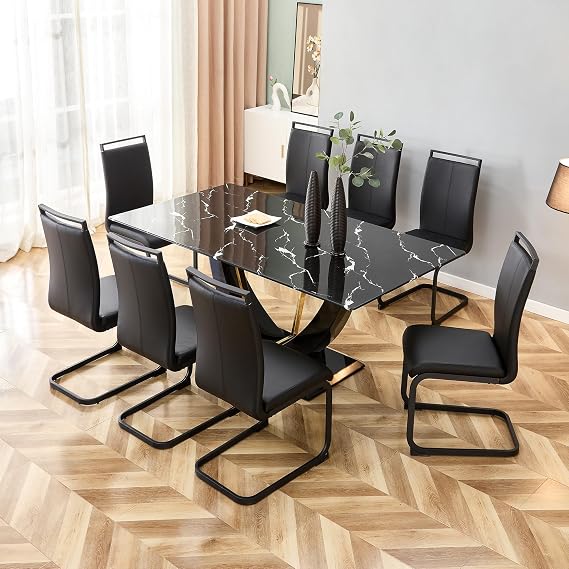 71" Dining Table Set for 8,Marble Dining Room Table Set for 8, Large Rectangular Kitchen Table and Upholstered Dining Chairs, 9 PCS Modern Kitchen Table Set