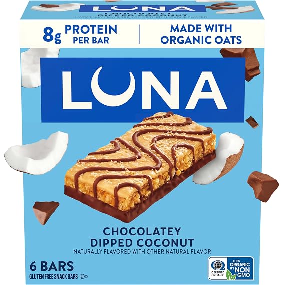 LUNA Bar - Chocolatey Dipped Coconut Flavor - Gluten Free Snack Bars - Non-GMO - Protein Bars - Made with Organic Oats (6 Pack) | Plant-Based Protein Bars, 8g Protein, Non-GMO, Made with Organic Oats and Coconut
