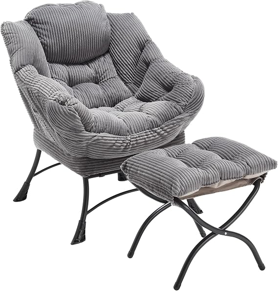 Modern Flannel Layzy Chair with Ottoman,Accent Contemporary Lounge Chair, Steel Frame Leisure Single Sofa Chair with Armrests and a Side Pocket (Flannel Grey)