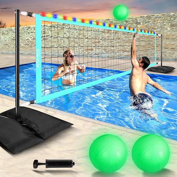 SPOYNAL Pool Volleyball Net Set for Inground Pools Adjustable Length 15ft to 32ft Outdoor Water Volleyball, Portable Volleyball Net with 4 Sandbags, LED Lights & 2 Glow in The Dark Volleyballs