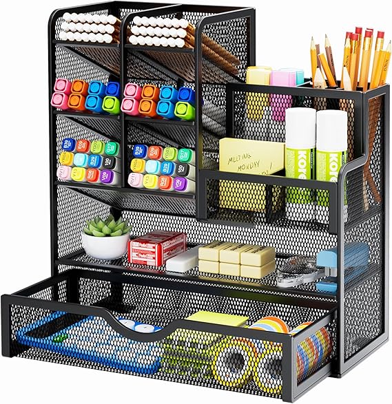 Marbrasse Mesh Pen Holder for Desk, Multi-Functional Pencil Organizer with Drawer, Desk Organizers and Accessories for Office Art Supplies (Black)