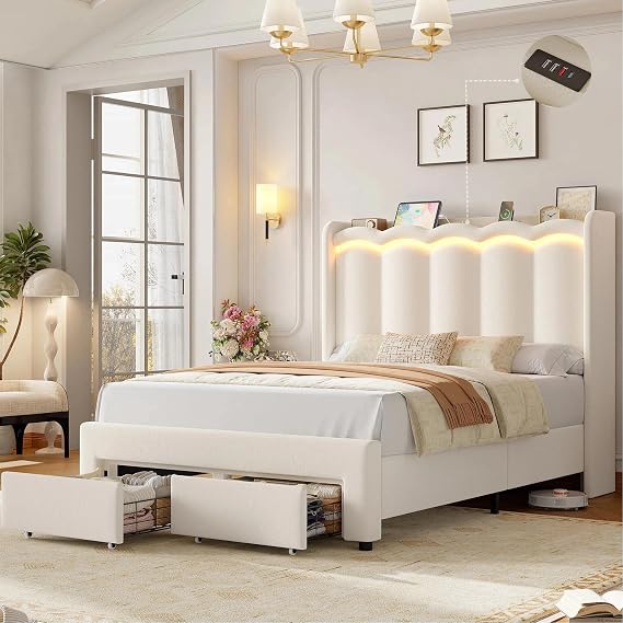 HIFIT Beige Velvet Full Bed Frame with LED&Charging Station&Storage Drawers
