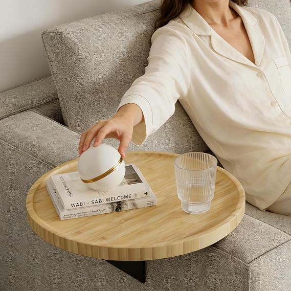 Bamboo Sofa Arm Tray Table,Adjustable Couch Armchair Tray for Thin & Wide Couches Arms,Round Wooden Sofa Armrest Side Table Couch Caddy Cup Holder for Chair