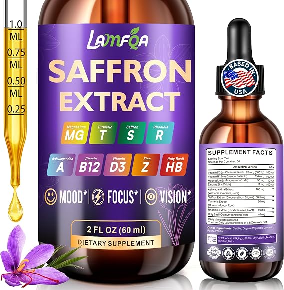 Saffron Extract for Relief & Calm Mood Support | 88.5mg Saffron Supplement | Enhanced with Manganese for Brain & Stress Support | Vegan, Non-GMO, Alcohol-Free Tincture, Based in USA - 2 Oz