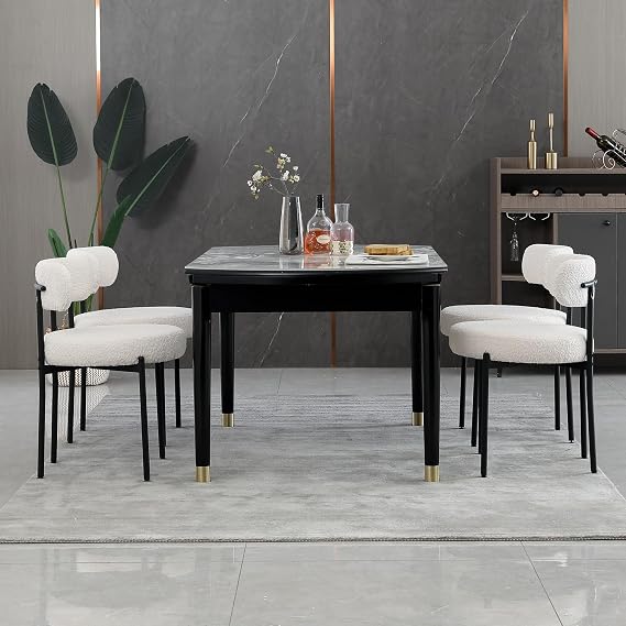 White Dining Chairs Set of 4, Modern Upholstered Kitchen Chair with Thickened Seat (3.94 Inch) - Curved Backrest & Sturdy Metal Legs, Comfortable Boucle Chairs for Dining Room, Kitchen