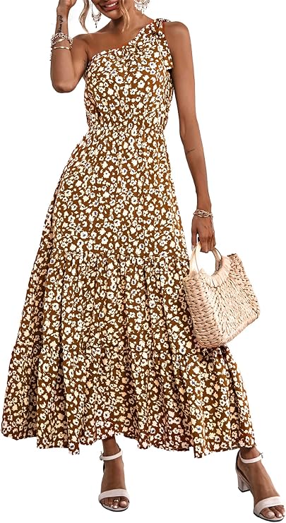 PRETTYGARDEN Women's One Shoulder Boho Floral Maxi Dress