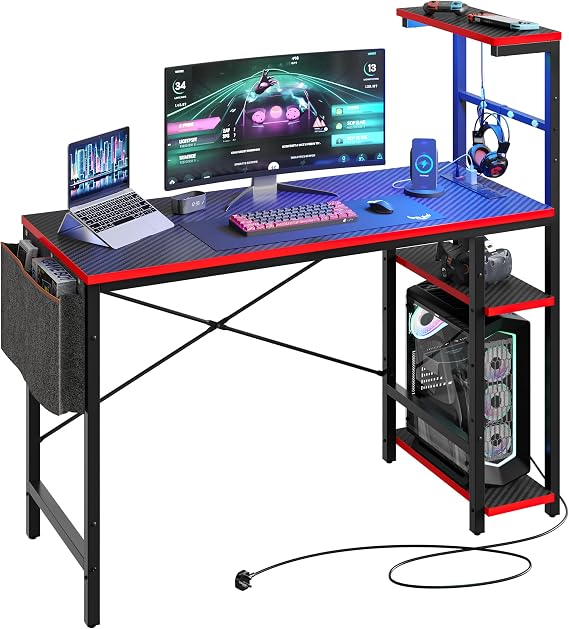 Bestier 113CM Corner Computer Desk with Power Outlets Computer Desk with LED Lights Reversible Writing Table with Side Pocket Storage Bag & Accessories Hanger for Home Office Small Space