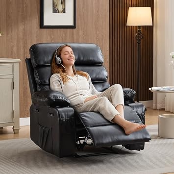 PU Leather Extra Wide Manual Recliner for Adults with Massage and Heat, Large Lazy Chair with 1.5X Sponge Comfort Arm and Back for Living Room, Bedroom