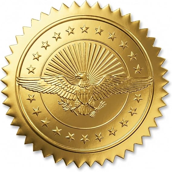 American Eagle Embossed Gold Foil Certificate Seals, 2 Inch, 100 Count