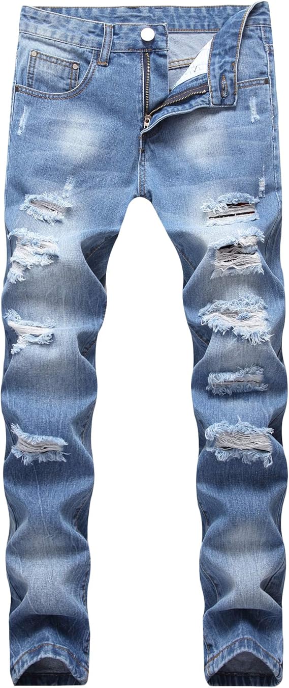 Men's Ripped Distressed Destroyed Straight Fit Washed Denim Jeans