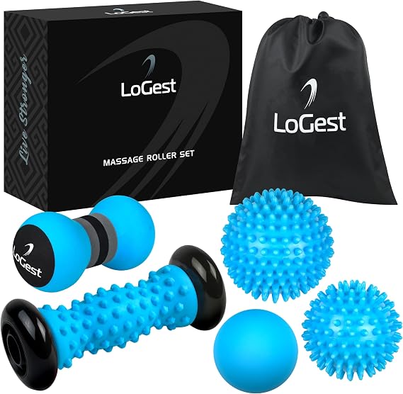 Logest Foot Massage Rollers and Balls for Trigger Point Therapy, Injury Rehabilitation & Deep Tissue Massage - 5-Piece Set Massage Roller, Lacrosse Ball, Peanut Roller, Two Spike Balls
