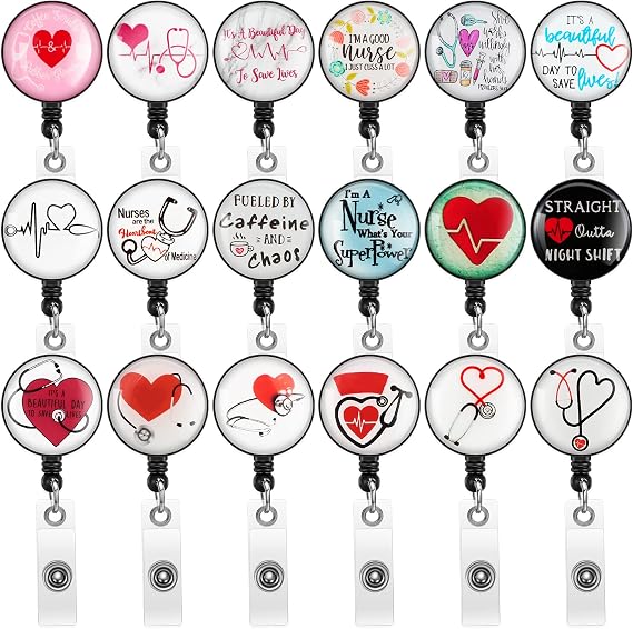 Outus 18 Pcs Nurse Retractable Badge Reels Bulk Cute Heart Nursing Badge Holders with Alligator Clip for Nurse Doctor Medical Assistant ID Card Holders