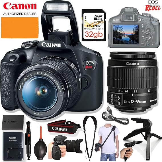 Canon EOS Rebel T7 DSLR Camera with 18-55mm is II Lens + Standard Accessory Bundle incl. Body and Grip Straps, 32GB Memory Card, Grip Tripod and More
