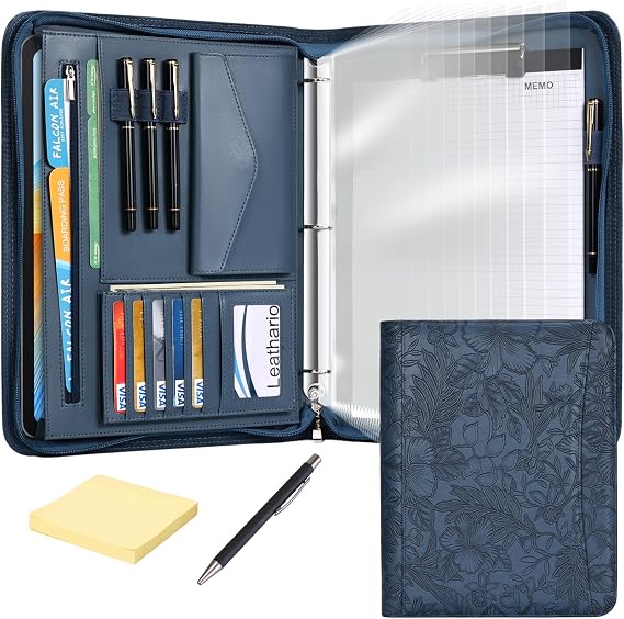 Leathario Portfolio Binder, Padfolio Organizer, 3 Ring Binder with Zipper
