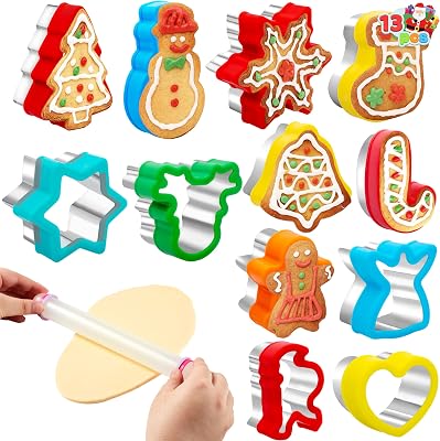 JOYIN 13PCS Christmas Cookie Cutters Set in Stainless Steel with a Rolling Pin for Xmas Holiday Party Baking Supplies, Gingerbread Men, Socks, Christmas Tree, Snowflake, Candy Cane for Baking