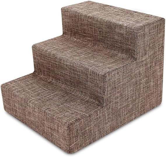 Best Pet Supplies Dog Stairs for Small Dogs & Cats, Foam Pet Steps Portable Ramp for Couch Sofa and High Bed Non-Slip Balanced Indoor Step Support, Paw Safe No Assembly - Brown Linen, 3-Step