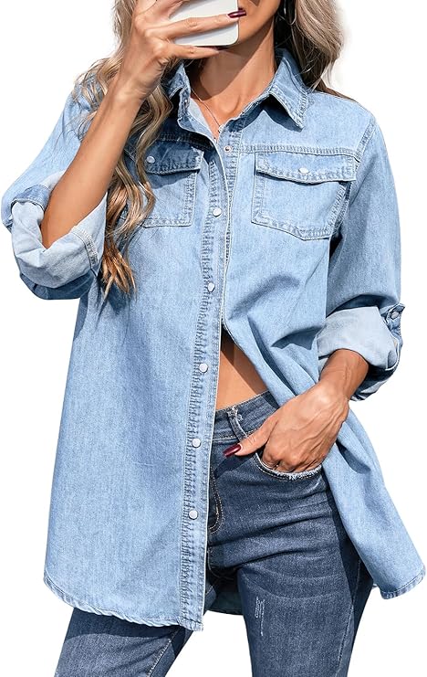 Kedera Womens Button Down Denim Shirt Long Sleeve Roll Up Boyfriend Jean Jacket Shacket