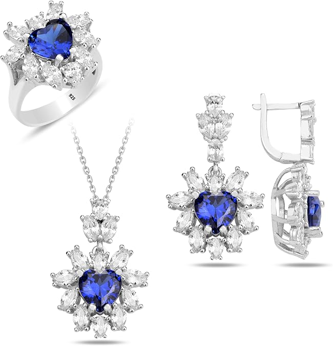 Luxurious Heart Sapphire Jewelry Set - 925K Silver Elegance - Glamorous Necklace, Earrings, and Ring Ensemble - Unique Gift Idea for Women