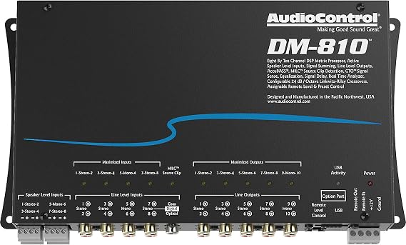 AudioControl DM-810 Premium 8 Input 10 Output DSP Matrix Processor, ACR-3 Dash Remote | Premium DSP matrix processor with 8 inputs, 10 outputs, and ACR-3 dash remote.