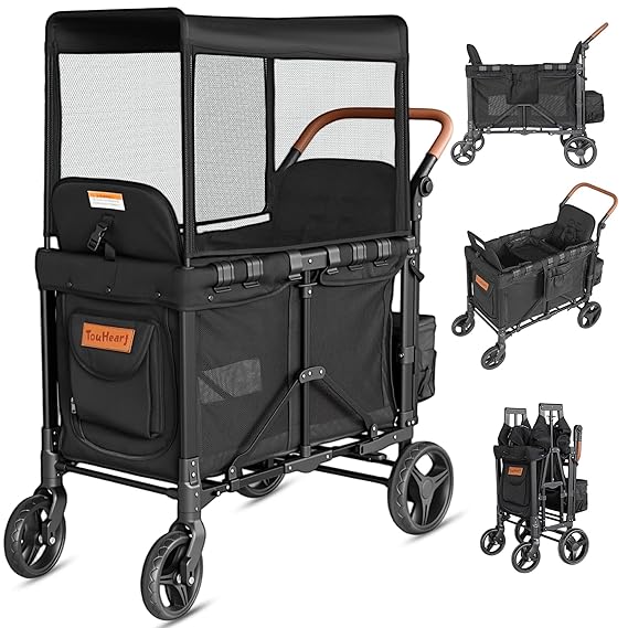 JML002 Wagon Stroller for 2 Kids - Double Seater Push Stroller with Canopy | Collapsible Foldable Wagon for Kids Toddlers & Infants with Removable Seat Pads, Black