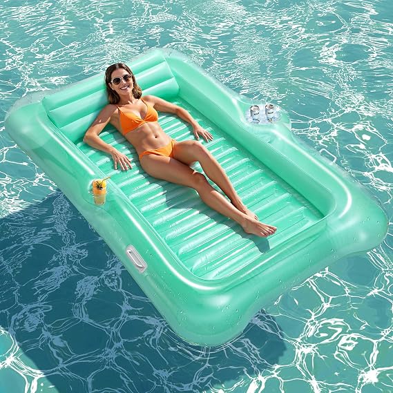 HeySplash Inflatable Pool Floats, Tanning Pool Lounger With Headrest & Cup Holder, Extra Large Pool Inflatables Floaties Pool Toy Summer Beach Party Swimming Floaty Bed