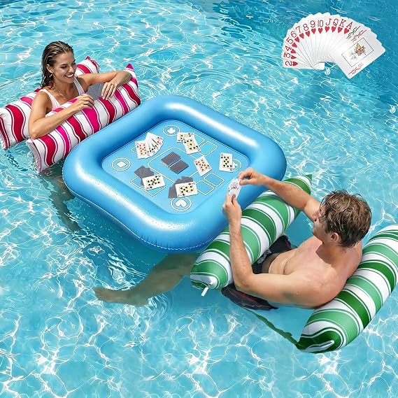 Jasonwell Pool Floats Adult Games - 2 Pack Fabric Inflatable Pool Floaties Water Hammock Chair w Floating Table Waterproof Playing Cards Party Game Toys Lake Lounger Raft Pool Hammock Float Floaty