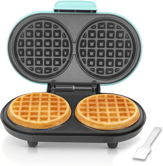 AshGlen Double Mini Waffle Maker for kids, Waflera Electrica with 2 X 4 Round Non-stick Grids, Small Waffle Maker Mini, Makes 2 Personalized Keto Chaffle Waffles, Mini Waffle Iron, Aqua