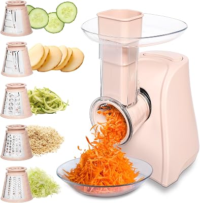 COOK WITH COLOR 5-in-1 Electric Slicer, 150W Food Prep Machine Cheese Shredder, Fine & Coarse Graters, Potato Grater, Vegetable Slicer, Fruit, Salad Shooter, Compact Design For Bowl Prep, Blush
