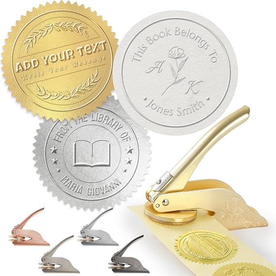 Personalised Custom Book Embosser Stamp with Name Text, Stamp Gift for Readers, Collectors, Libraries and Wedding Invitation, Notary Seal Labels