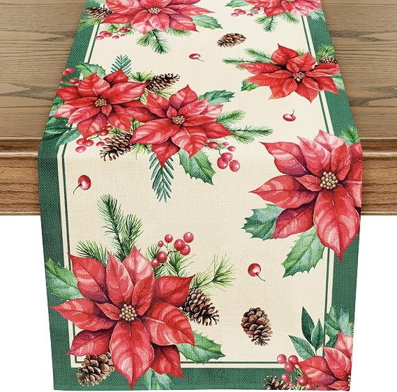 WRAPAHOLIC Christmas Table Runner - 13 x 72 Inch - Seasonal Winter Xmas Holiday Farmhouse Style Kitchen Dining Table Decoration for Indoor Outdoor Home Party - Red Poinsettia