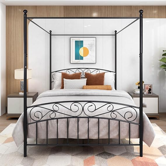 Queen Size Metal Canopy Bed Frame with Headboard & Footboard,Canopy Bed Frame with Sturdy Slatted Structure & Under-Bed Storage Space,No Box Spring Needed,Easy Assembly (Queen)