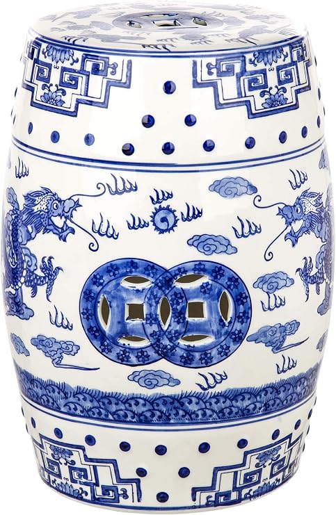 SAFAVIEH Furniture - Dragon's Breath Decorative Garden Stool - Blue - Ceramic - Artisan Hand-Painted Design - Ideal for Living Room, Patio, Garden - Fully Assembled (ACS4554A)